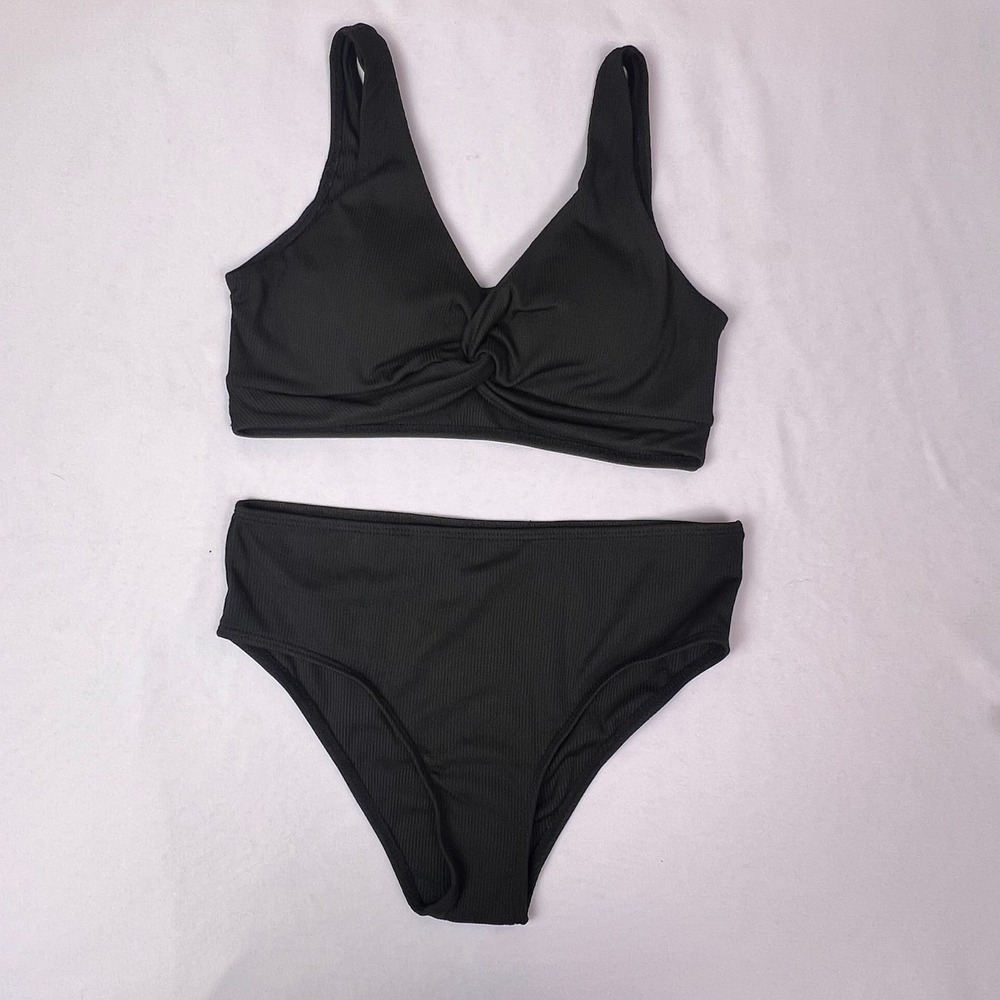 Girls Black Ribbed Twist Front Bikini Set High Waisted Swimsuit Size 14Y